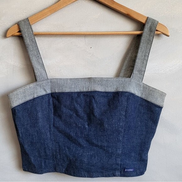 Vintage Guess Denim Crop Bandeau Tank Top Cotton Blend Size L - Picture 1 of 6